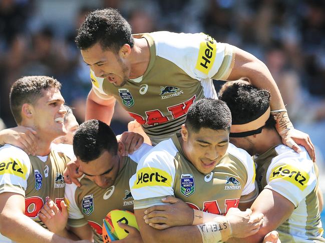 The Panthers celebrate a Tyrone May try against the Sea Eagles on day 2 of the Auckland Nines at Eden Park, New Zealand. pic Mark Evans