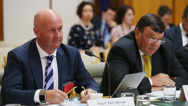 Senate estimates: Australian Wool Innovation chief executive Stuart McCullough and AWI chairman Wal Merriman. Picture: Kym Smith