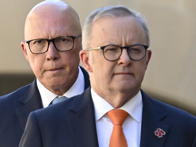 CANBERRA, AUSTRALIA  - NewsWire Photos - February 3, 2025:  Prime Minister Anthony Albanese and Leader of the Opposition Peter Dutton during the last post ceremony at the Australian War Memorial in Canberra. Picture: NewsWire / Martin Ollman