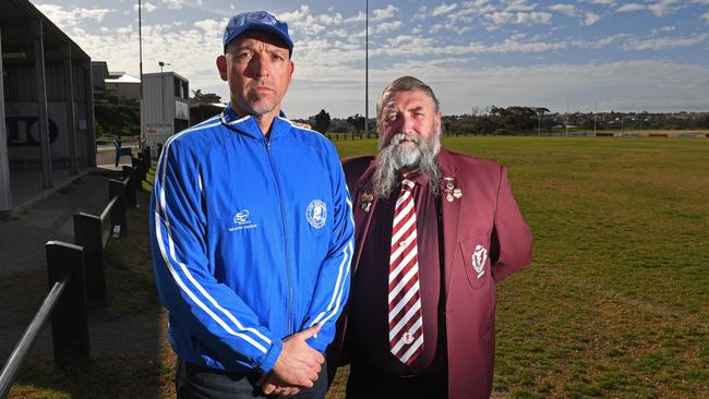 Port Noarlunga A-grade coach Clint Howes and SFL president Craig Warman. Picture: Tom Huntley