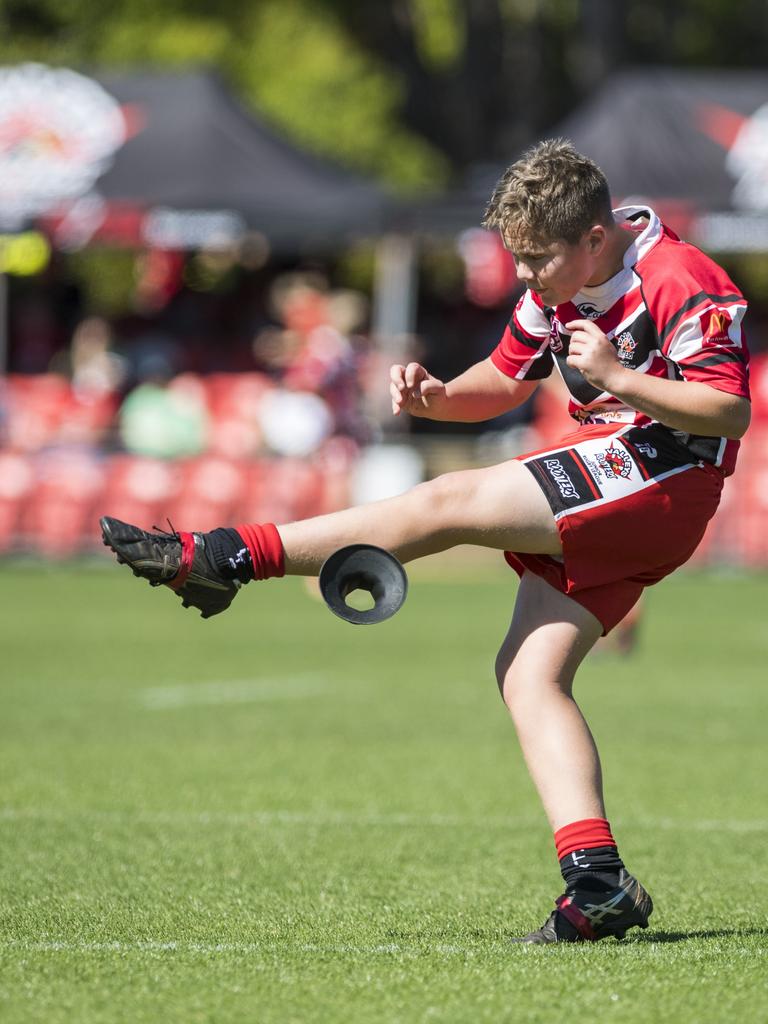 Charlie Barnes attempts a conversion for Valleys against Brothers in under-13 boys Toowoomba Junior Rugby League grand final at Clive Berghofer Stadium, Saturday, September 11, 2021. Picture: Kevin Farmer