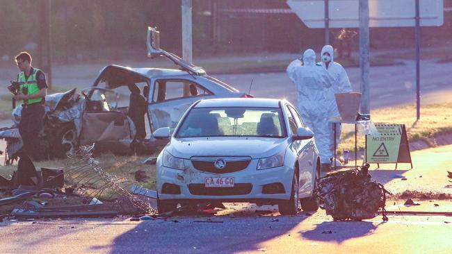 Police investigate the scene of a horror crash on Trower Rd at Lakeside Dr. Picture: Glenn Campbell