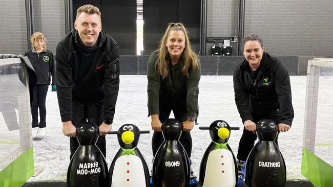 Mark Holmes, Ebony Linnell and Jessica Featherstone. MyState Bank Arena Glenorchy to establish a temporary ice rink for a month in June 2025. Picture: MyState Bank Arena