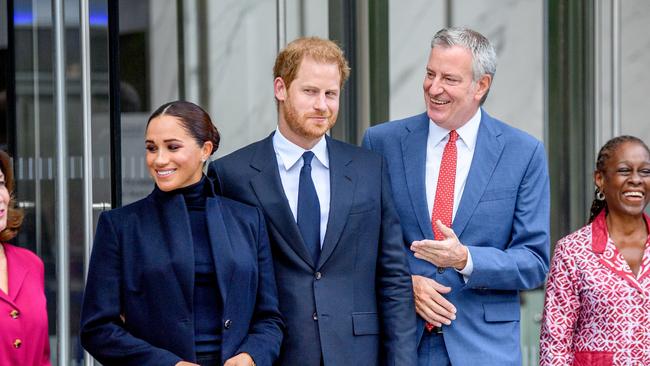 Meghan, Duchess of Sussex and Prince Harry, Duke of Sussex and New York Mayor Bill De Blasio visit One World Observatory in New York City on September 23. Picture: getty