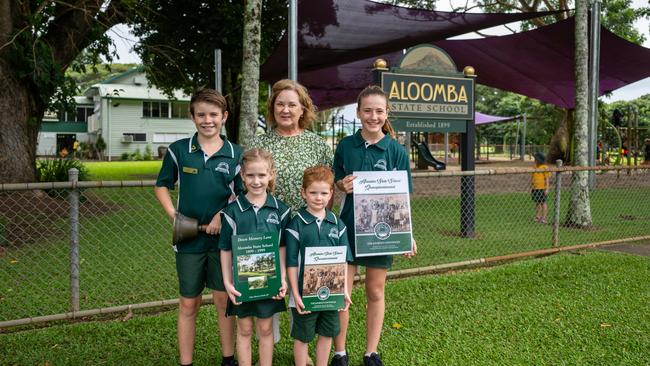 Aloomba students Heath Schweitzer, Principal Robyn Corbett, Matilda Henderson, Kenzie Murphy and Trey Kapor. Picture Emily Barker.