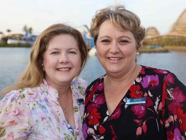 Nicole Ward and Karla Reid at the Southport State High School Formal at SeaWorld. Picture, Portia Large.