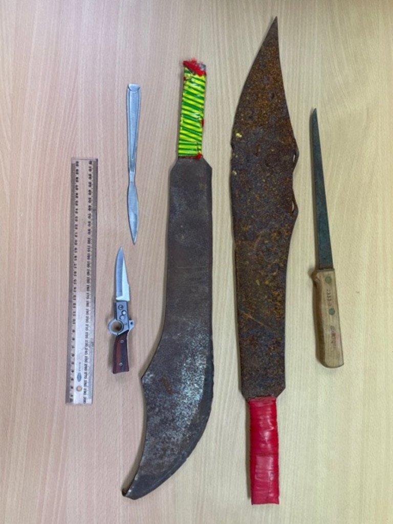 Weapons confiscated from a student at Umbakumba School. Picture: AEU NT