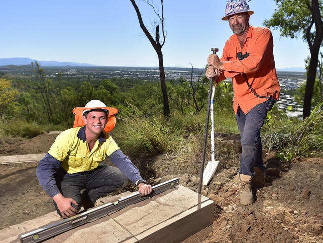 Labourer Harrison Dempsey and leading hand Rodney Wood installing new steps. JMAC crews have been hard at work as Mount Louisa walking trails start to take shape. PICTURE: MATT TAYLOR.