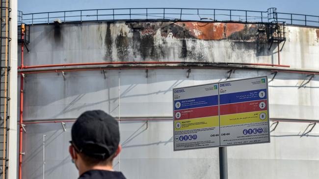 The damaged silo at the Saudi Aramco oil facility. Picture: AFP