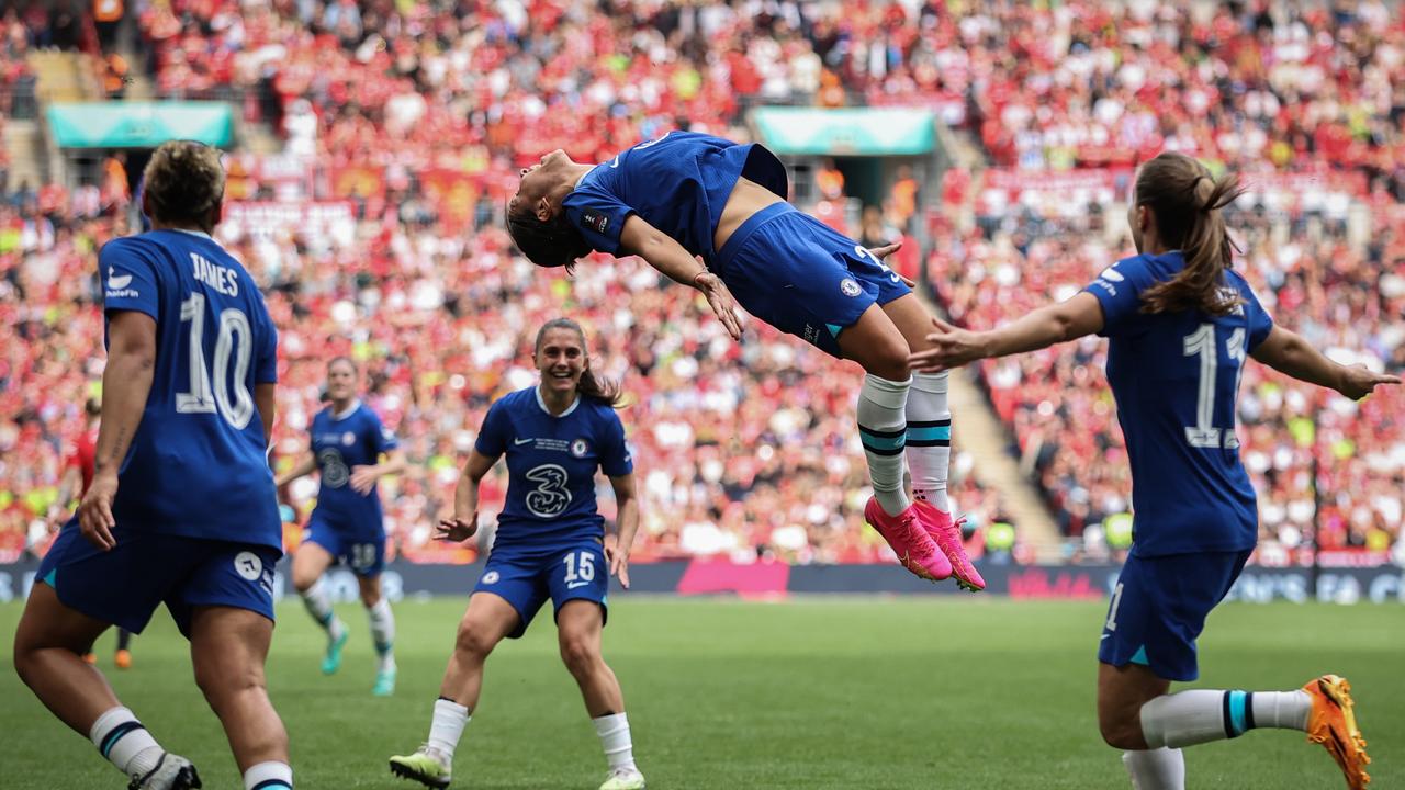 Sam Kerr celebrates her goal with a backflip. Photo by Ryan Pierse/Getty Images.