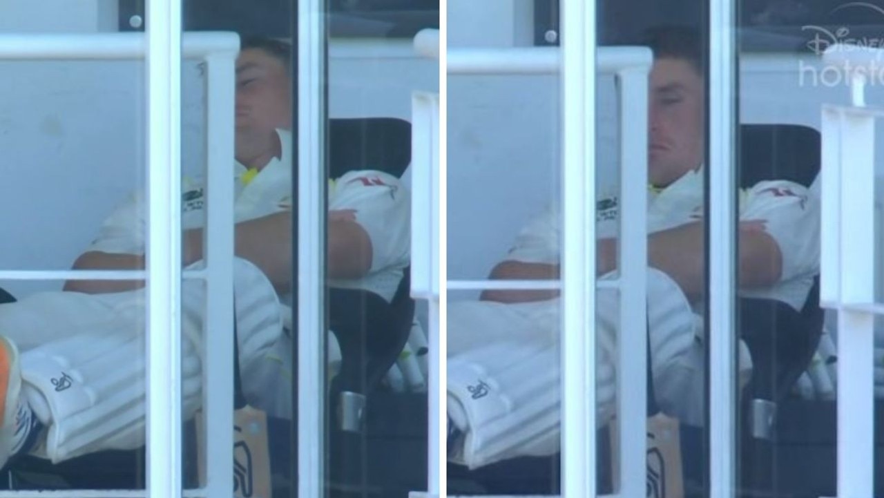 Marnus Labuschagne appeared to be asleep when David Warner lost his wicket. Picture: Channel 7