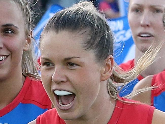 AFLW match - Dogs v Crows Elle Blackburn & Katie Brennan lead the Bulldogs out v Adelaide Crows Picture:Wayne Ludbey