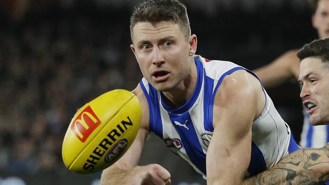 MELBOURNE, AUSTRALIAÃ June 16, 2024.  AFL Round 14. North Melbourne vs Collingwood at Marvel Stadium.    Liam Shiels of the Kangaroos      . Pic: Michael Klein