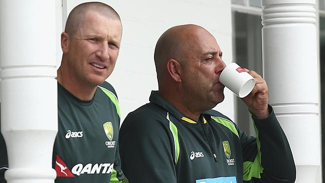 Brad Haddin and Australian coach Darren Lehmann during the 2015 Ashes series.