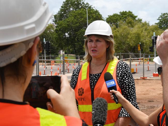 Minister for infrastructure Eva Lawler holds a press conference at the new Garramilla Boulevard .