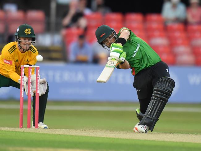 LEICESTER, ENGLAND - JULY 16: Josh Inglis of Leicestershire Foxes bats  during the Vitality T20 Blast match between Leicestershire Foxes and Notts Outlaws  at Uptonsteel County Ground on July 16, 2021 in Leicester, England. (Photo by Tony Marshall/Getty Images)