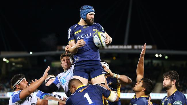 Scott Fardy of the Brumbies wins lineout ball at GIO Stadium in Canberra.