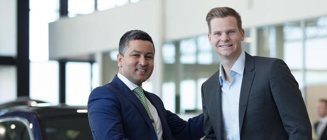 Australia Cricket captain Steve Smith pictured with Mercedes-Benz Gold Coast dealer principal Robin Mainali. Mr Mainali is an important figure in the Gold Coast motor vehicle retailing sector.