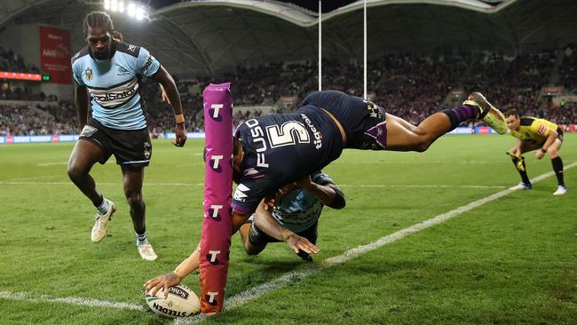 Josh Addo-Carr just inches short of a spectacular try. (Photo by Mark Kolbe/Getty Images)