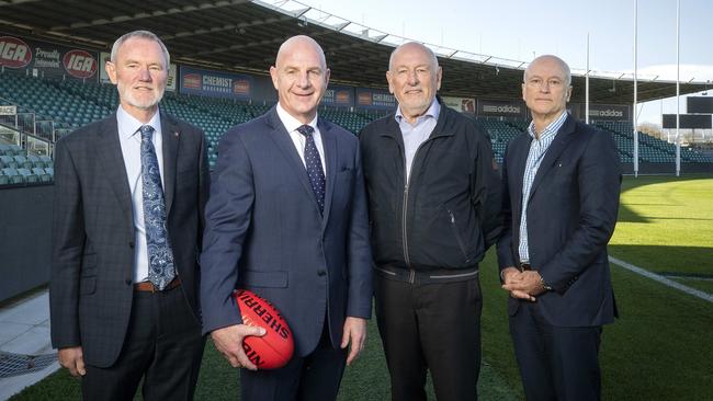 Launceston Mayor Albert Van Zetton, Tasmanian Premier Peter Gutwein, former Geelong President Colin Carter and Chair of AFL Taskforce Brett Godfrey at UTAS Stadium, Launceston. Picture: Chris Kidd