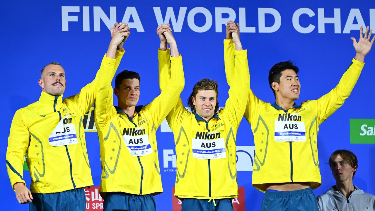 Australia’s unlikely 4x100 freestyle silver medallists: Kyle Chalmers, Jack Cartwright, Matthew Temple and William Xu Yang Picture: Getty Images
