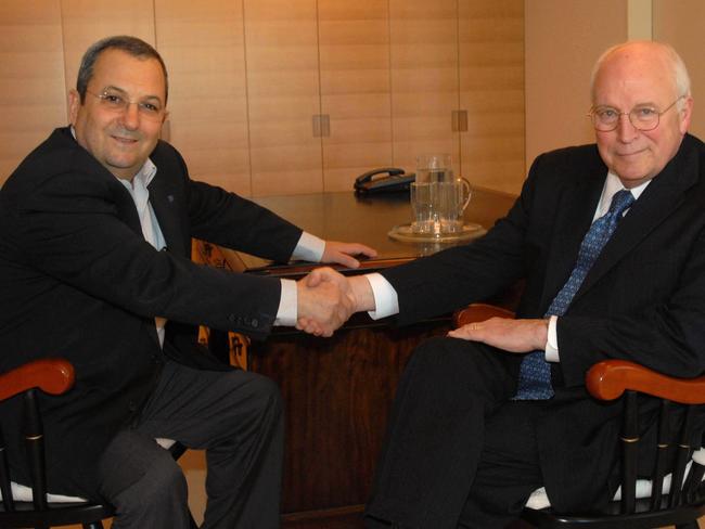 Ehud Barak, (L) shakes hand with former US Vice President Dick Cheney (R) during their meeting at Barak's home in Tel Aviv, Israel, in 2008. Picture: Supplied