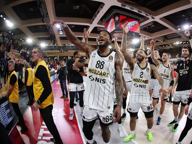 MONTE CARLO, FRANCE – FEBRUARY 07: Partizan Mozzart Bet Belgrade celebrates at the end of during the Turkish Airlines EuroLeague Regular Season Round 26 match between AS Monaco and Partizan Mozzart Bet Belgrade at Salle Gaston Medecin on February 07, 2025 in Monte Carlo, France. (Photo by Alfonso Cannavacciuolo/Euroleague Basketball via Getty Images)