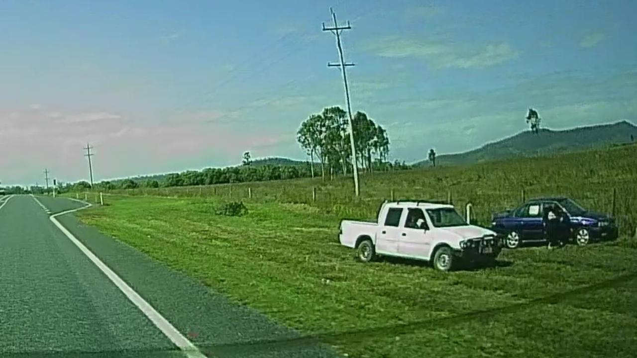 Sergeant Mark Flynn said the photos reveal two men in what appeared to be an old model Hilux dual cab near one of the targeted cars ‘just before it was set alight’. Picture: Queensland Police Media