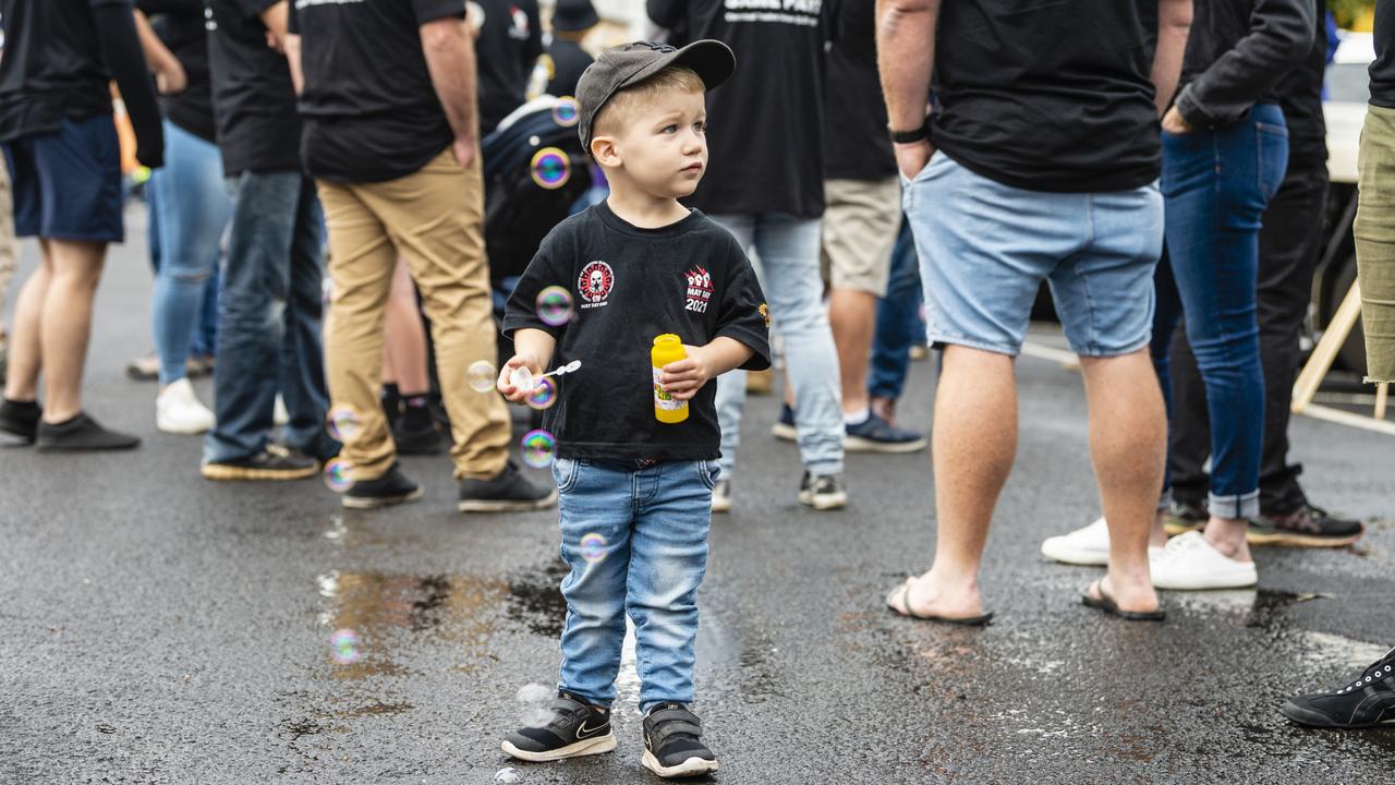 Arthur McGaw stands with ETU members before the Labour Day 2022 Toowoomba march, Saturday, April 30, 2022. Picture: Kevin Farmer