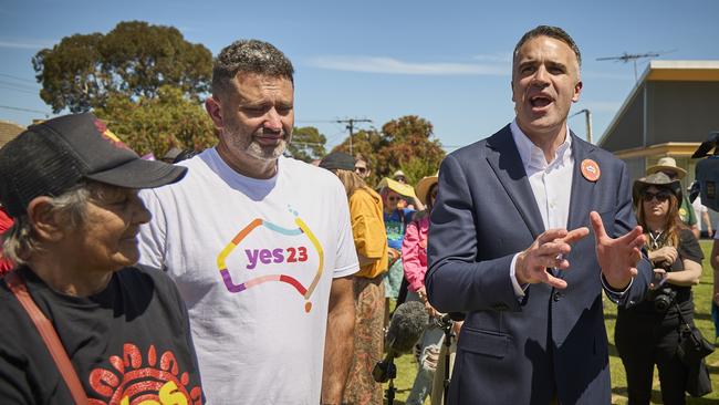 Premier Peter Malinauskas, with Aboriginal Affairs Minister Kyam Maher speaking at the Yes 23 campaign in Clearview ahead of the vote. Picture: Matt Loxton