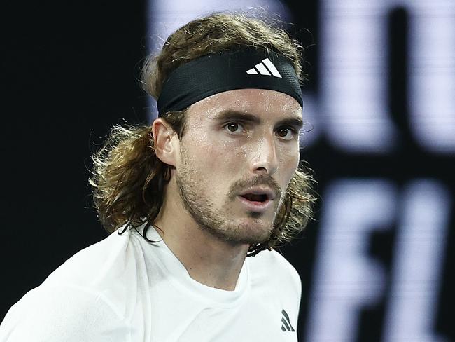 MELBOURNE, AUSTRALIA - JANUARY 18: Stefanos Tsitsipas of Greece reacts in their round two singles match against Rinky Hijikata of Australia during day three of the 2023 Australian Open at Melbourne Park on January 18, 2023 in Melbourne, Australia. (Photo by Daniel Pockett/Getty Images)