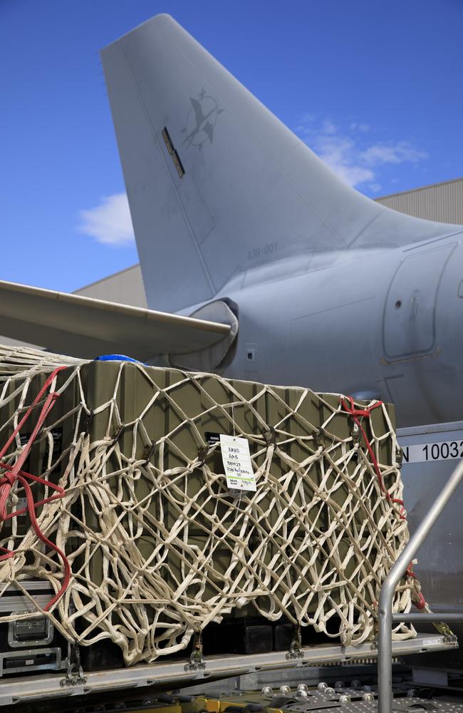 Equipment is loaded on to a waiting KC-30A Multi-Role Tanker Transport aircraft at RAAF Base Amberley.