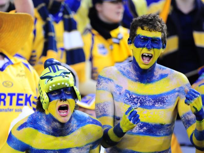 Parramatta fans towards the end of and post match. Parramatta Eels vs Melbourne Storm in the NRL Grand Final at ANZ Stadium, Homebush. Rugby League