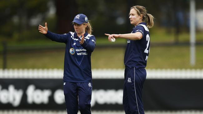 Sophie Molineux as captain of Victoria with Ellyse Perry. Picture: Daniel Pockett/Getty Images