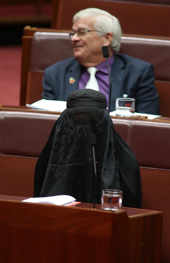 Senator Pauline Hanson has outraged Labor senators by wearing a burqa in the Senate. Picture: Gary Ramage