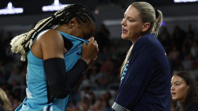 Kayla Thornton is consoled by Lauren Jackson after missing a lay-up on the buzzer. Picture: Daniel Pockett/Getty Images