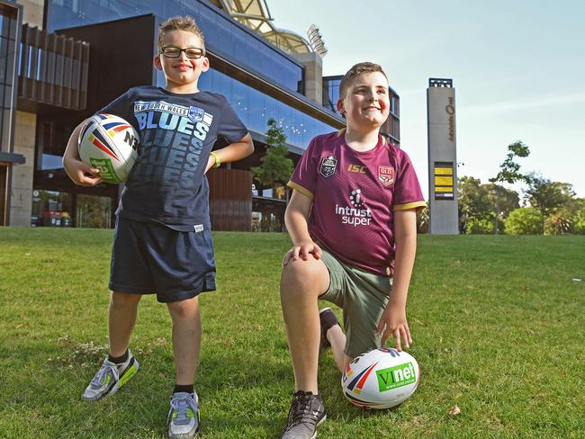 02/11/20 - Jordan Coleman , 6 (NSW ) and Jakob Rourke , 10 ( QLD )  and are big Rugby fans who can't wait to attend Wednesday night's State of Origin game at Adelaide Oval.Picture: Tom Huntley