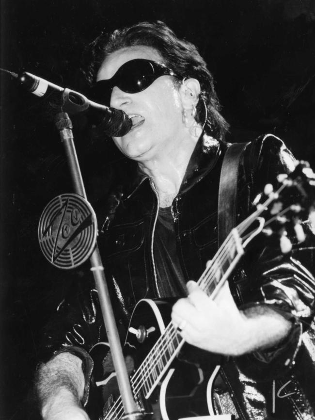 Singer Bono of music group ''U2'' performing in concert at Football Park in 1993.