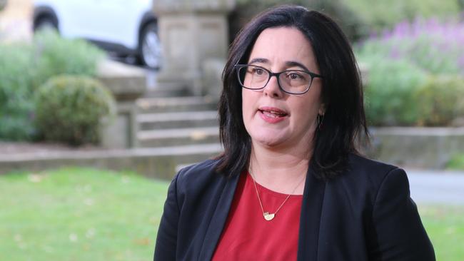 Labor member for Clark Ella Haddad speaks to the media on Parliament Lawns in Hobart on Tuesday, April 9, 2024.