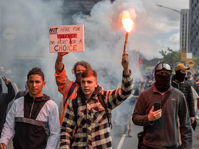 Anti-lockdown and anti-vax protesters in Melbourne. Picture: Jason Edwards