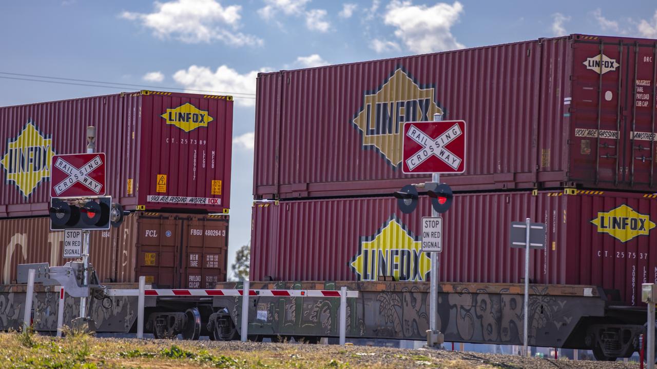 A double-stack train on the Inland Rail line, one of Australia's largest infrastructure projects.