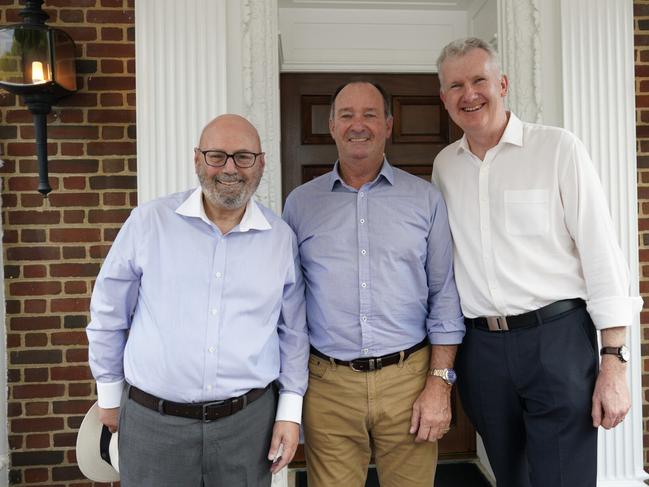 Arthur Sinodinos, left, and Tony Bourke, right, at a barbecue at the Australian ambassador residence in Washington on July 14, 2022. Picture: Yuri Gripas