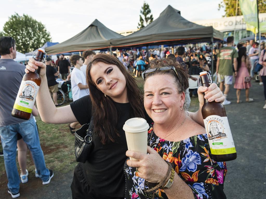 Laura-Rose Kaplick and mum Libby Blackmore with kombucha bought at Twilight Eats at the Windmills, Saturday, November 18, 2023. Picture: Kevin Farmer