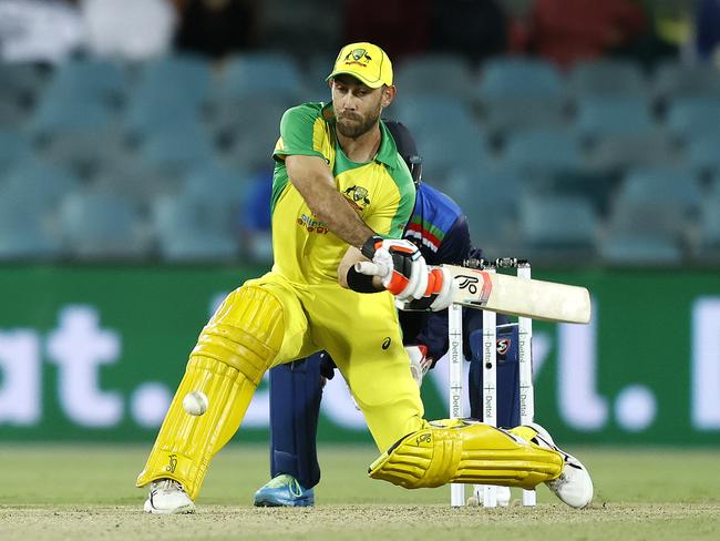 Glenn Maxwell with one of his incredible reverse sweeps at Manuka Oval, Canberra. Picture. Phil Hillyard