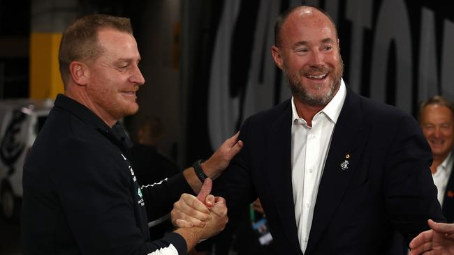 Carlton president Luke Sayers shakes hands with Michael Voss, senior coach of Carlton. Picture: Michael Klein