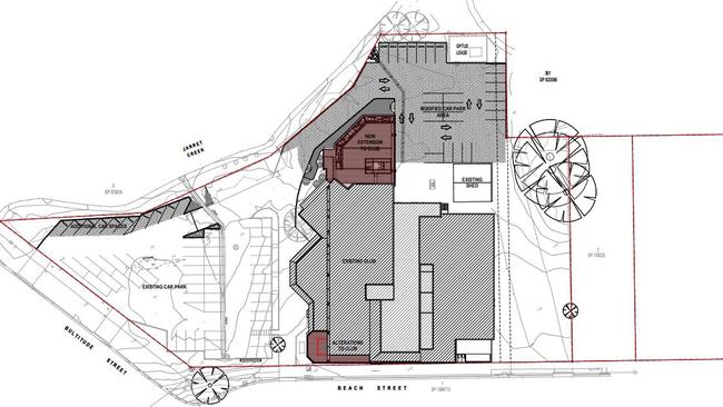 The proposed new alfresco gaming area is shaded in maroon (centre, top).