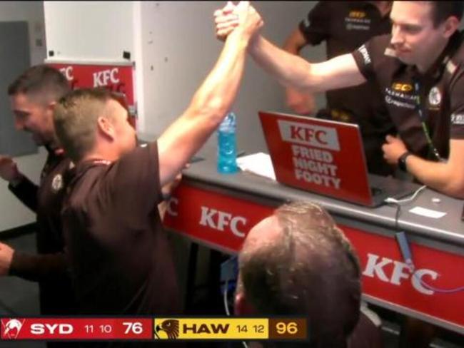 Hawks coaches box erupts on final siren!