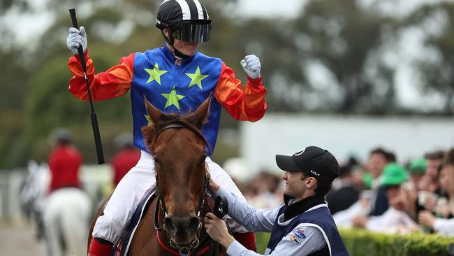 Craig Williams celebrates winning the Russell Balding Stakes aboard Bella Nipotina at Rosehill on Saturday. Photo: Jeremy Ng/Getty Images.