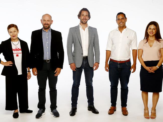 Candidates for the seat of Sydney: Labor Party Candidate Jo Holder, Greens party candidate Jonathan Harms, Liberal party Candidate Lyndon Gannon, incumbent independent Alex Greenwich and Small Business party Candidate Fiona Douskou, all running for the seat of Sydney. Picture: John Appleyard