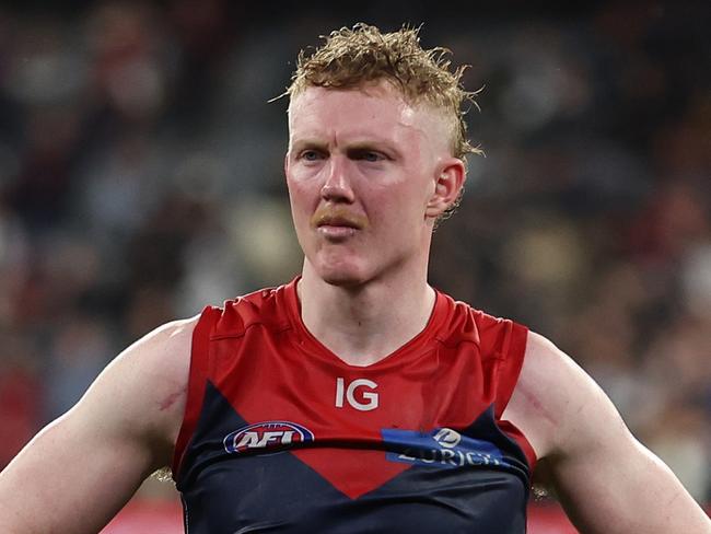 MELBOURNE, AUSTRALIA - SEPTEMBER 15: Clayton Oliver of the Demons is dejected after the Demons were defeated by the Blues during the AFL First Semi Final match between Melbourne Demons and Carlton Blues at Melbourne Cricket Ground, on September 15, 2023, in Melbourne, Australia. (Photo by Robert Cianflone/Getty Images)